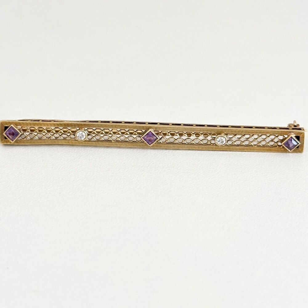 Antique 14K Solid Yellow Gold Intricate Detail Amethyst & Diamond Bar Brooch Pin